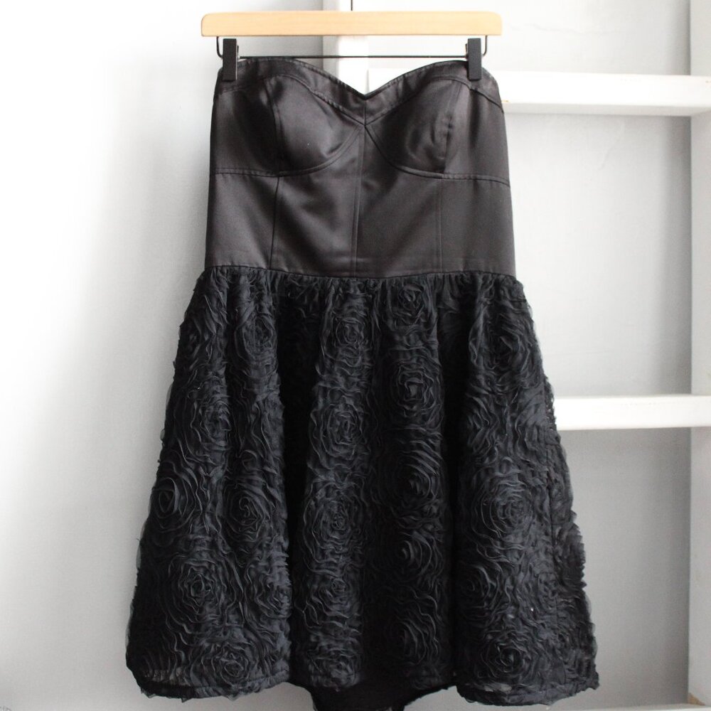 Adrianna Pappel Black Strapless Corset Fit &‎ Flare Rosette Mini Dress Size 12
